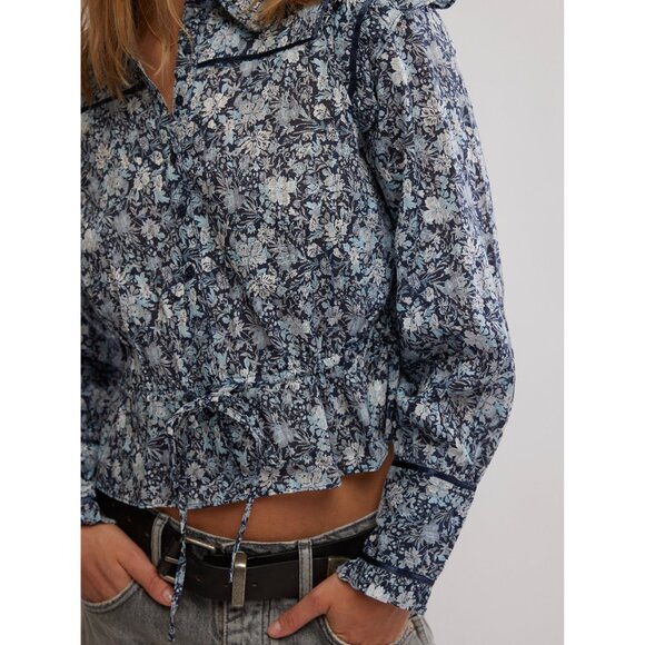 FREE PEOPLE Printed Daybreak Blouse / Chambray Combo - Picture 4 of 6